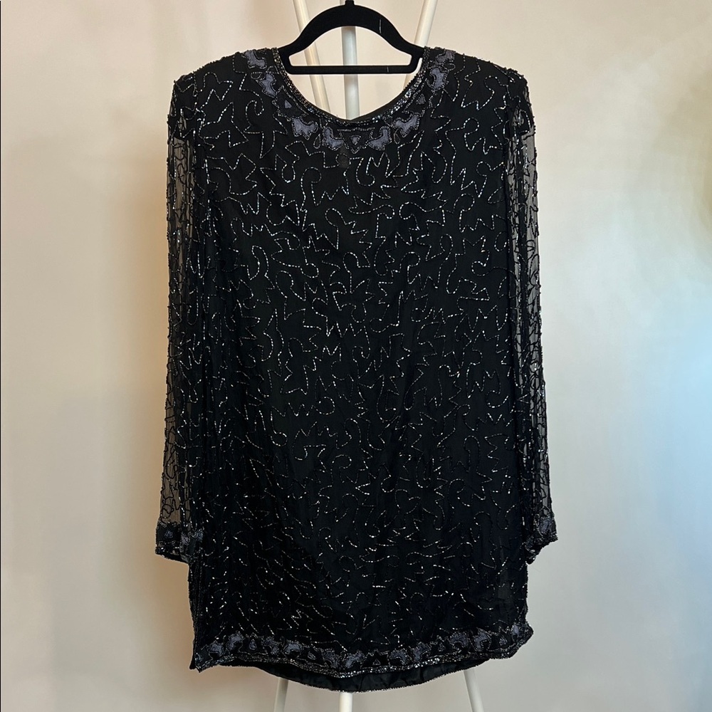 Vintage Laurence Kazar Black pure silk evening Christmas party Beaded Top